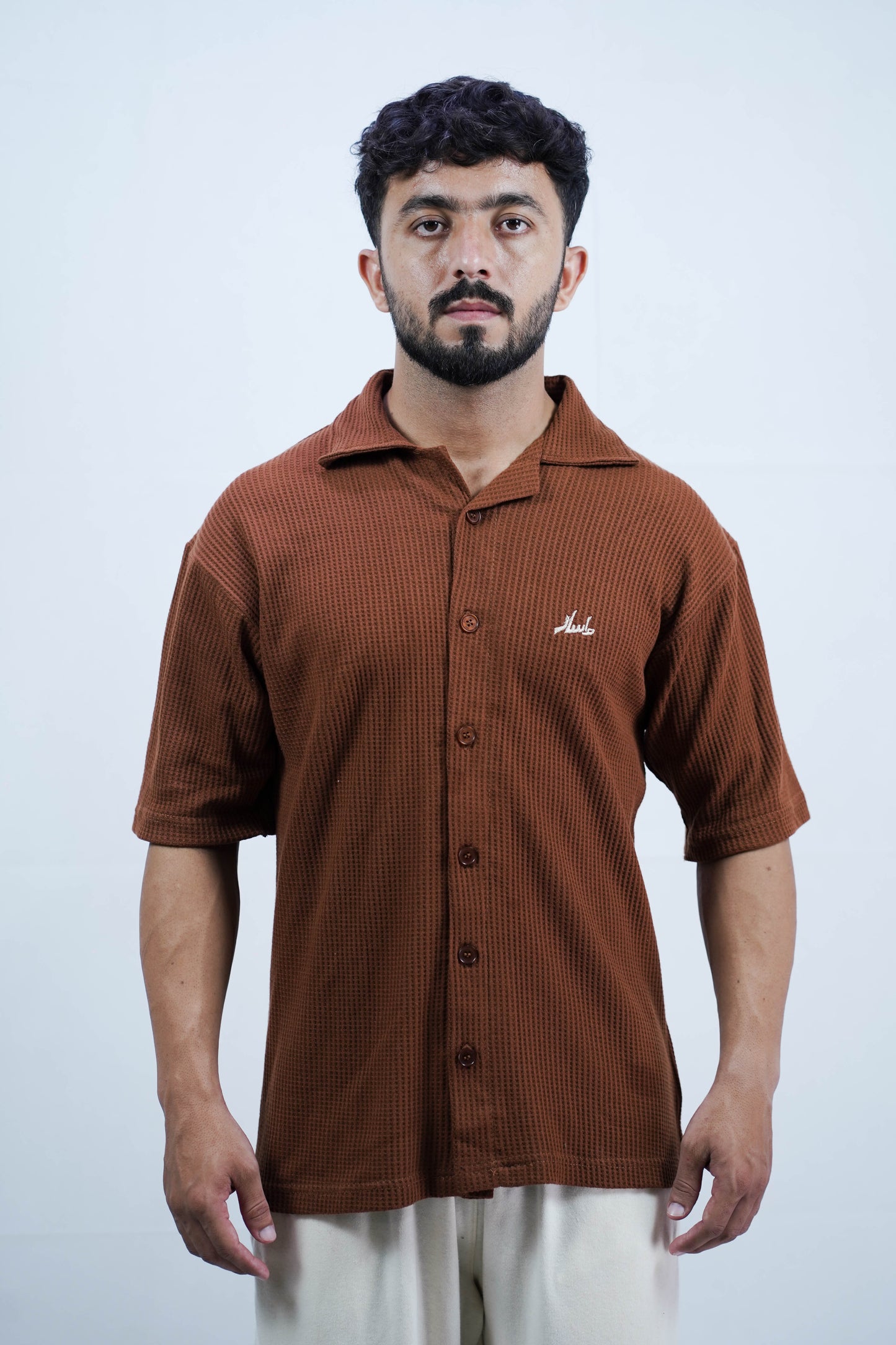 Waffle knit cuban collar shirt