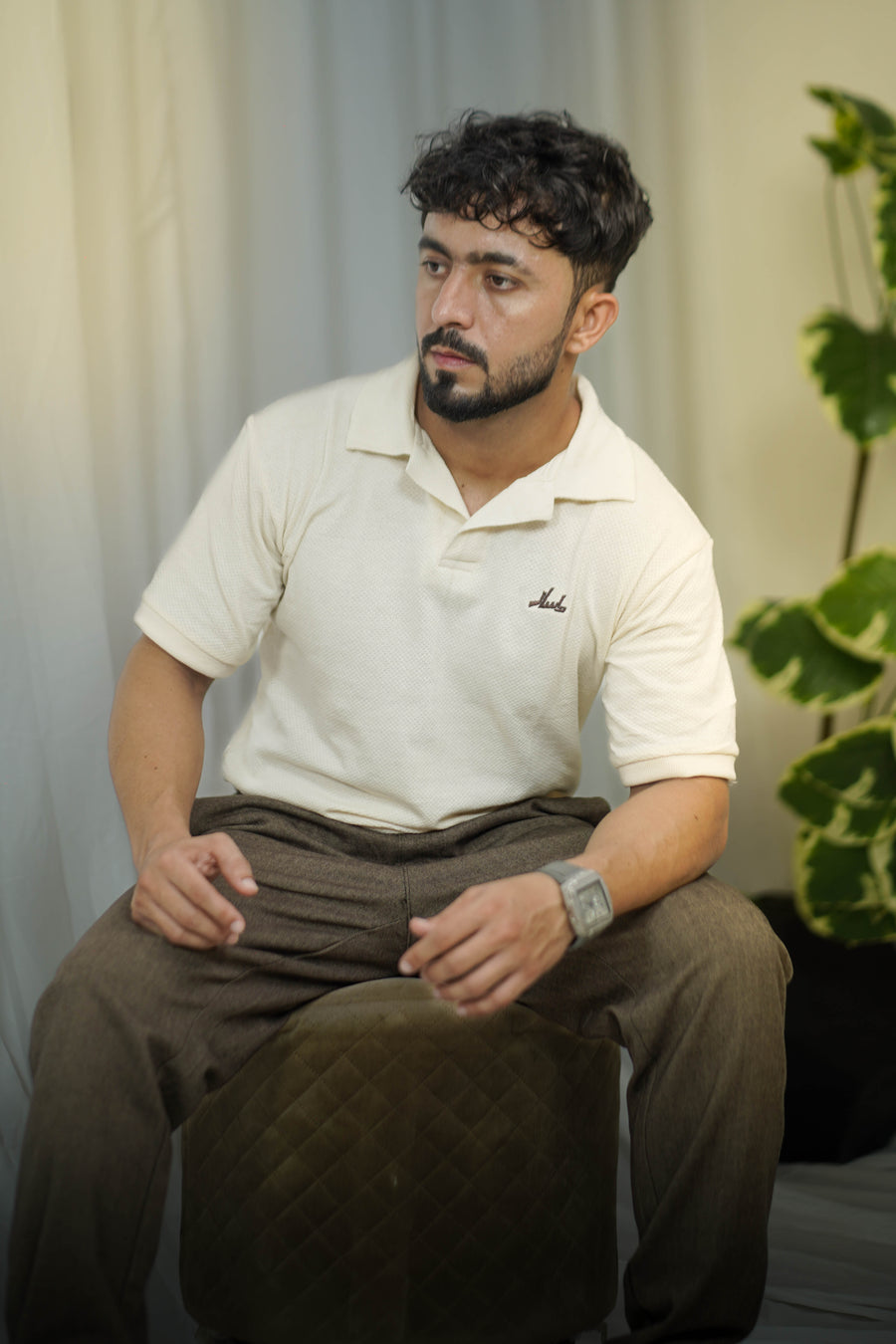 White Waffle Knit Cuban Collar Polo