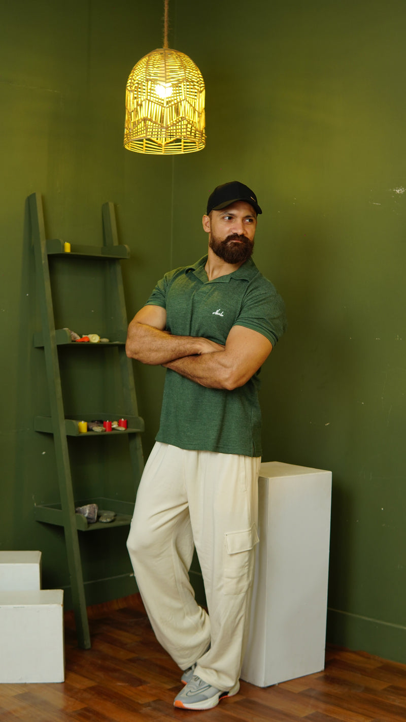 Green Waffle Knit Cuban Collar Polo