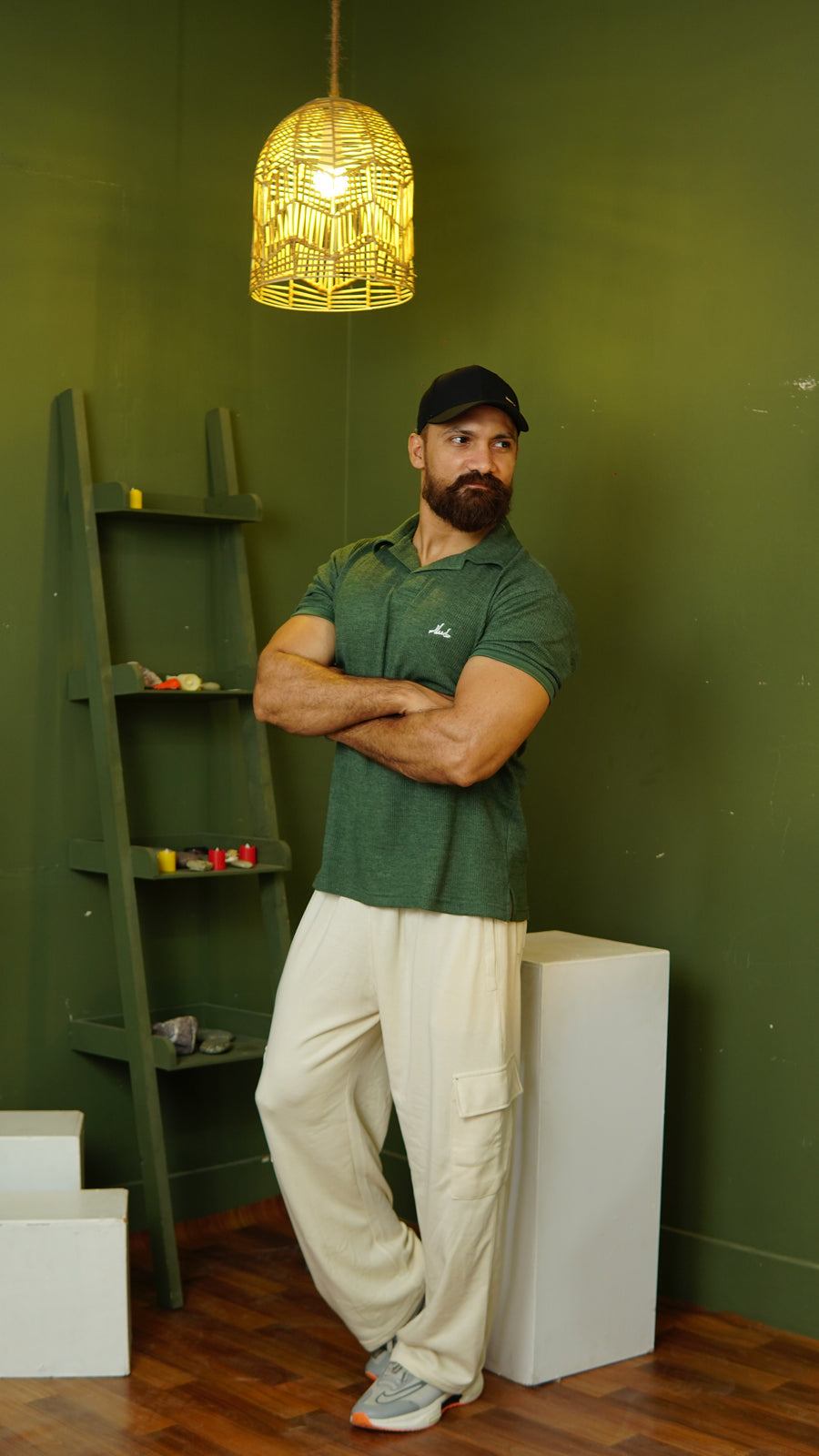 Green Waffle Knit Cuban Collar Polo