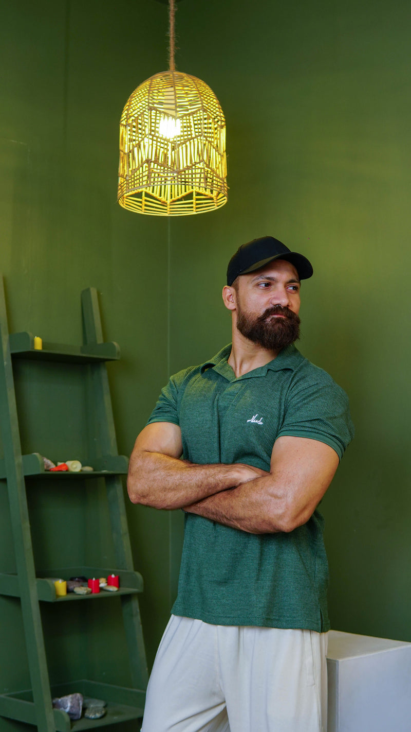 Green Waffle Knit Cuban Collar Polo