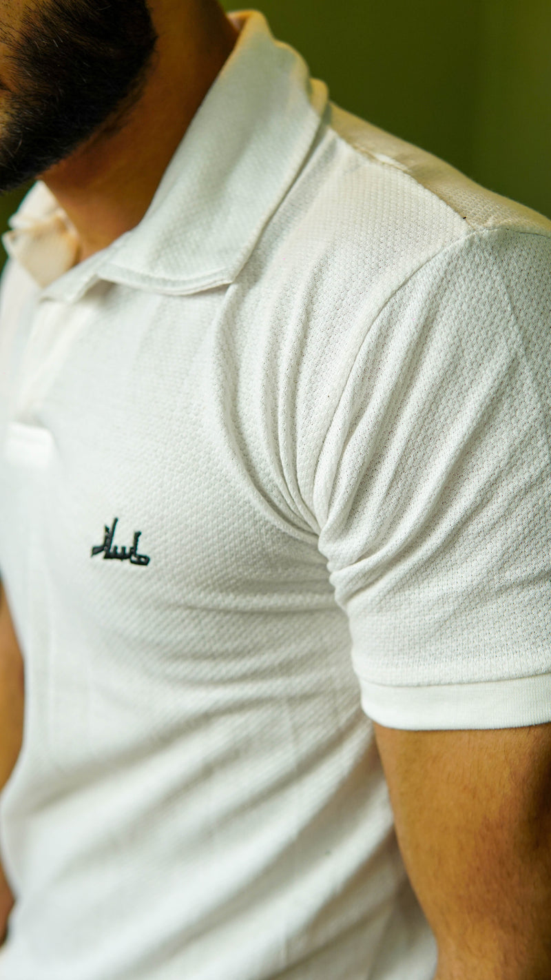 White Waffle Knit Cuban Collar Polo