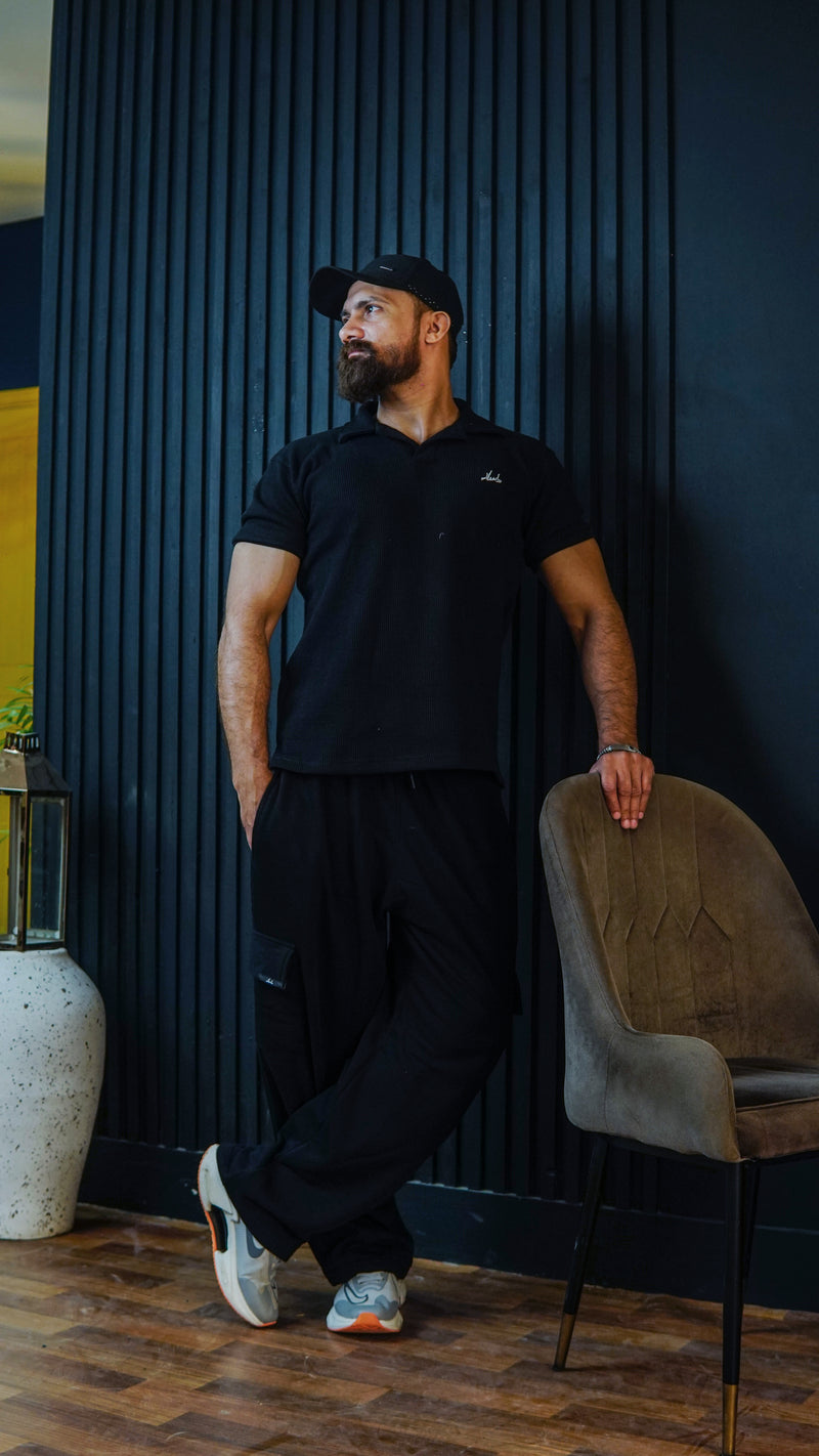 Black Waffle Knit Cuban Collar Polo