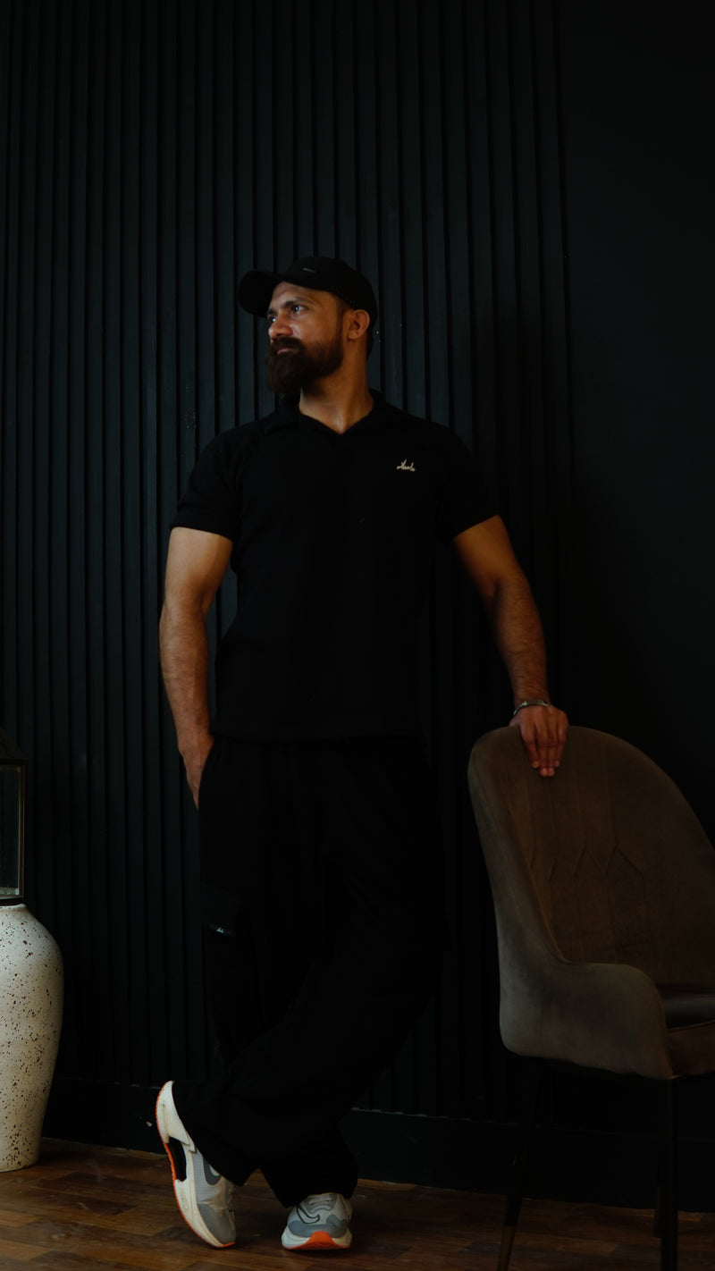 Black Waffle Knit Cuban Collar Polo