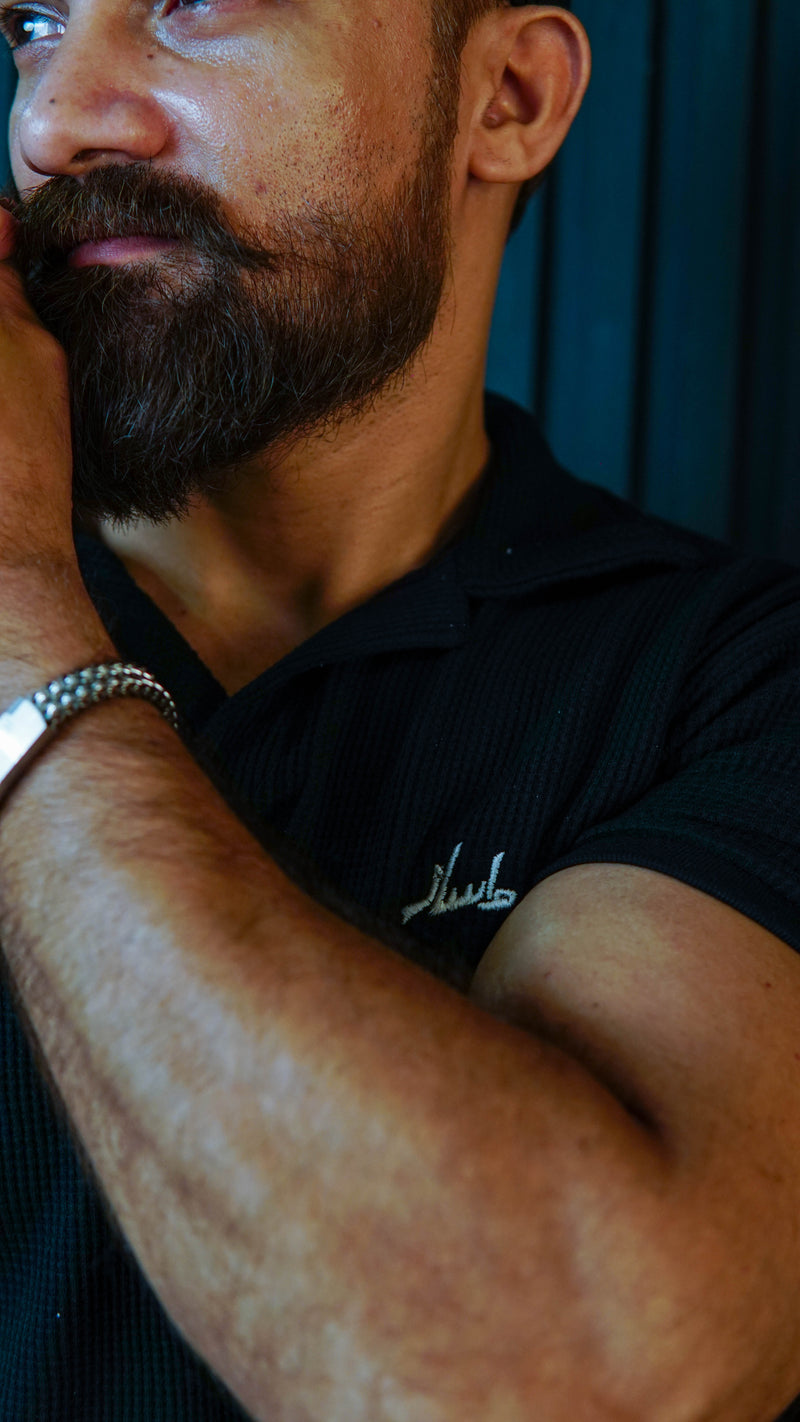 Black Waffle Knit Cuban Collar Polo