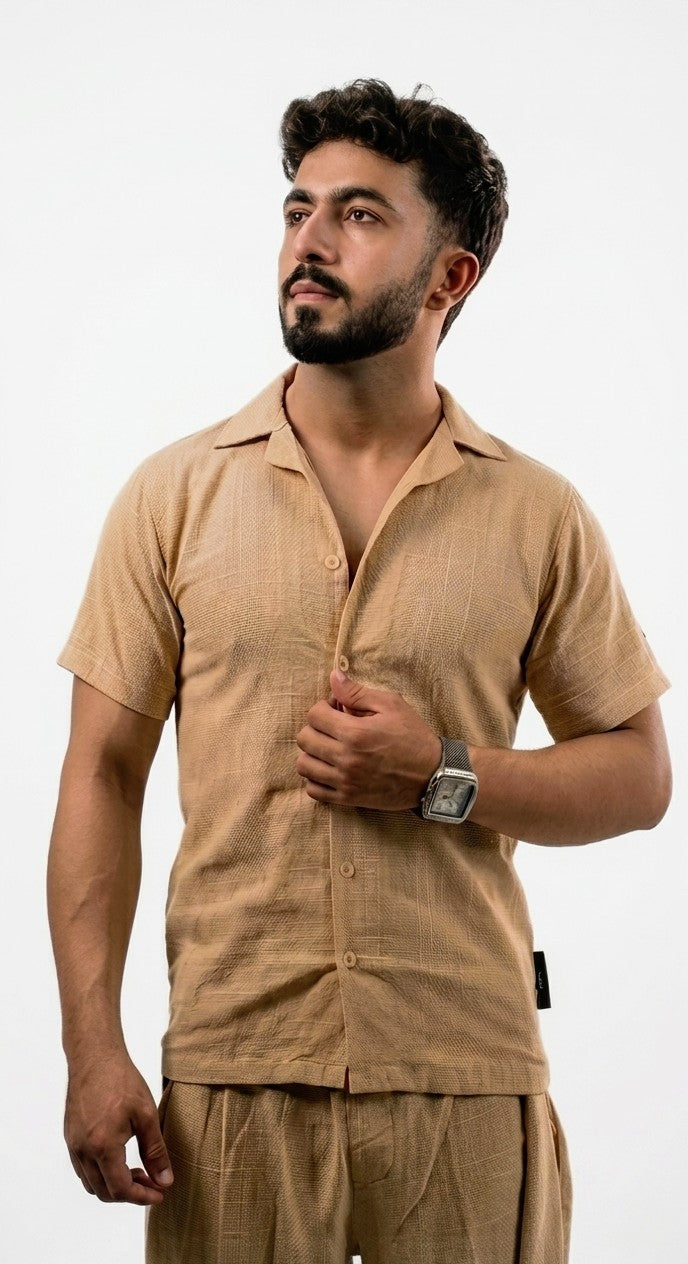 Camel Stripe Cuban Collar Shirt