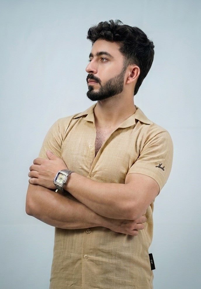 Camel Stripe Cuban Collar Shirt