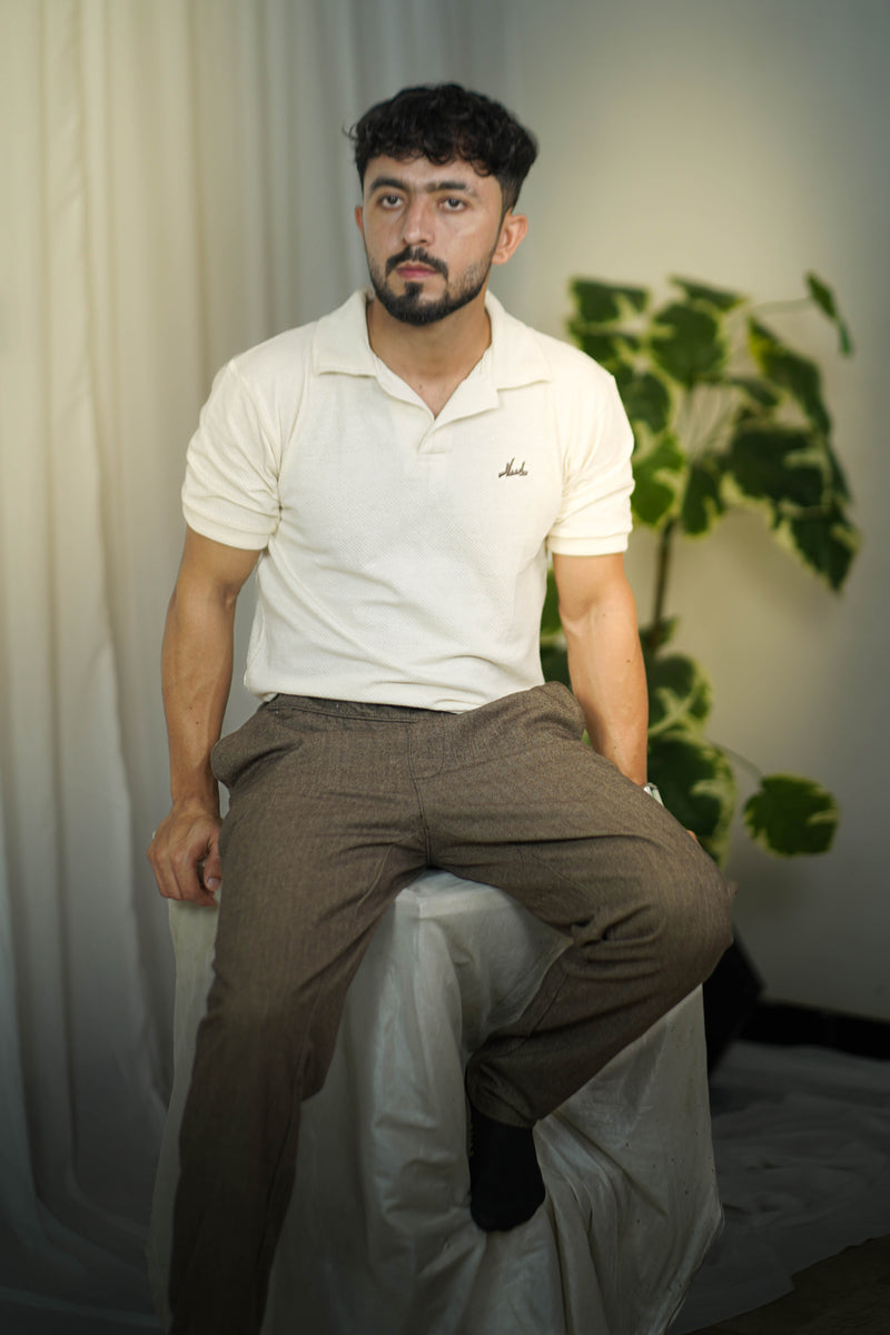 White Waffle Knit Cuban Collar Polo